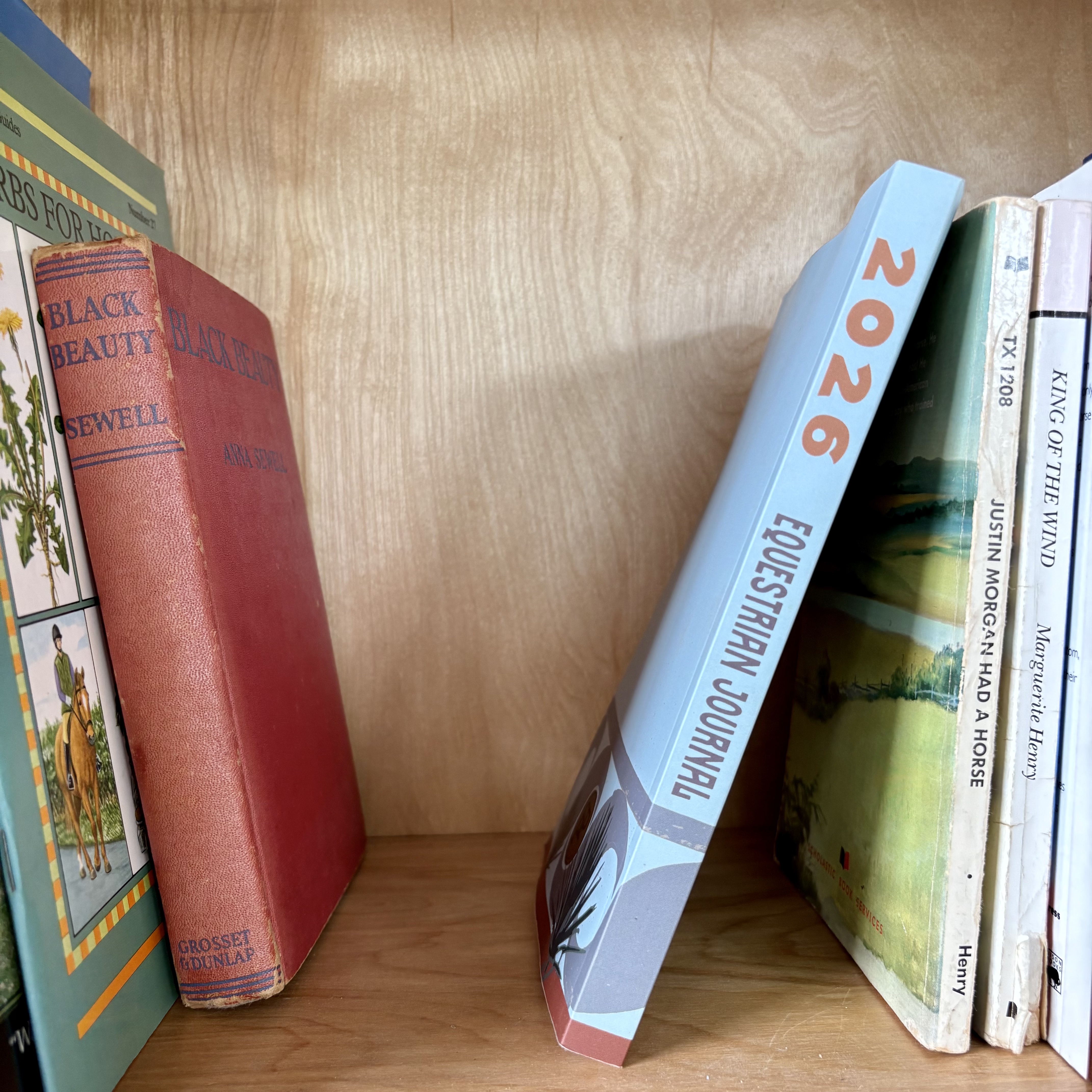Photo showing the spine of the 2026 Equestrian Journal on a bookcase between Black Beauty and Justin Morgan Had a Horse