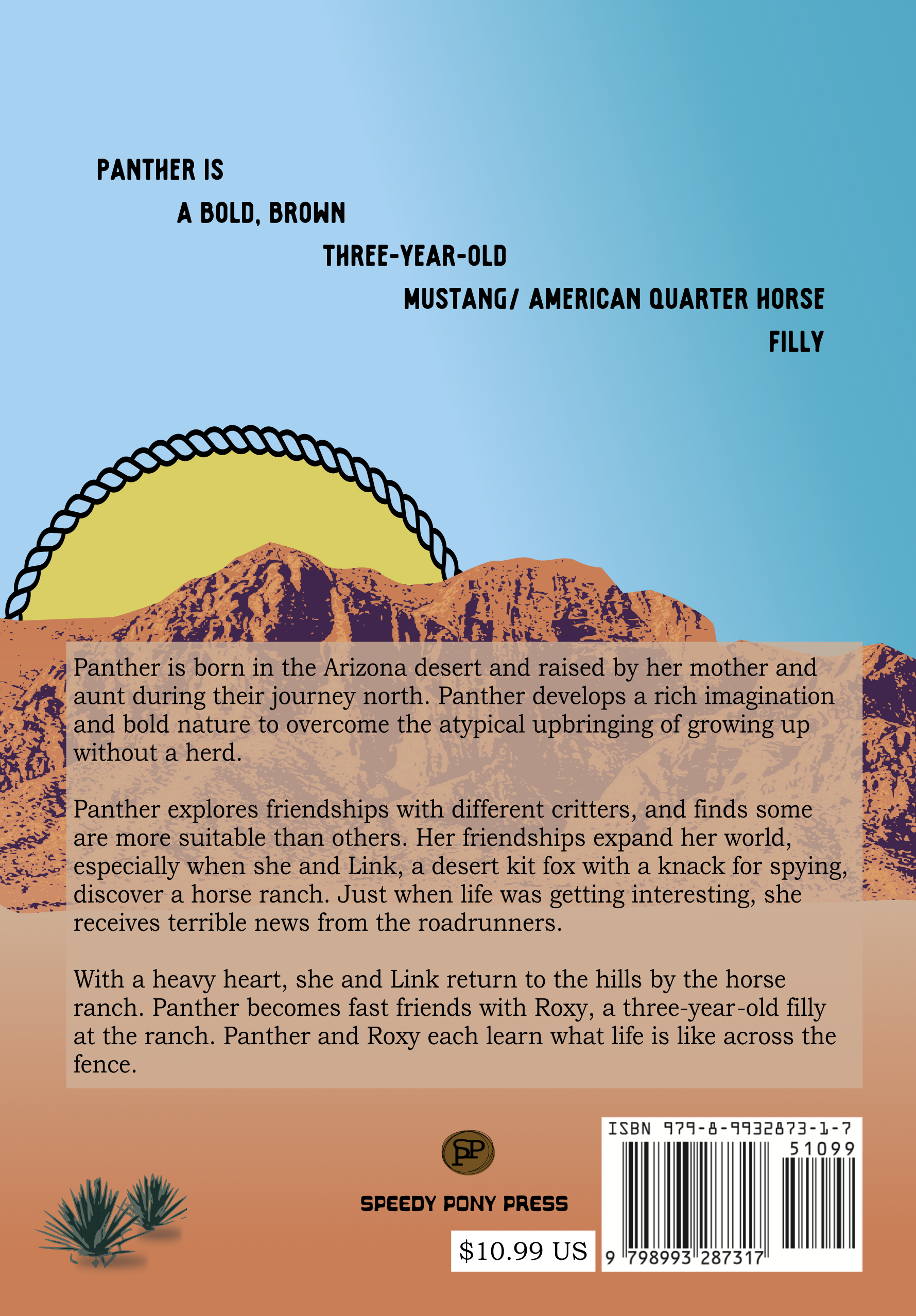 Depiction of the back of the book cover. Contains the summary, price, and bar code with a desert landscape. 