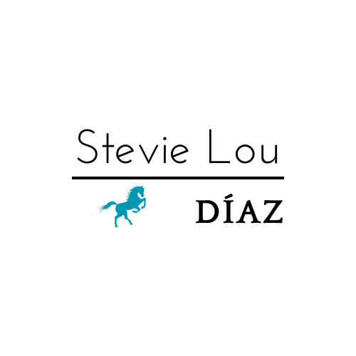 Graphics design of author's name: Stevie Lou Díaz. Has a turquoise rearing horse.